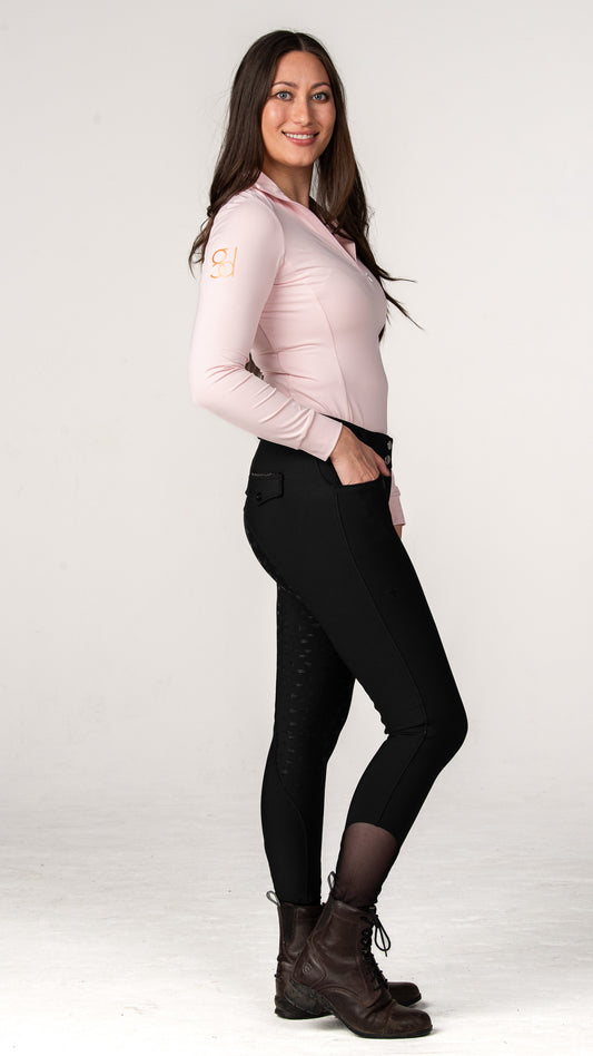 golden dapples black breeches with sparkle pockets and sleek logo accent