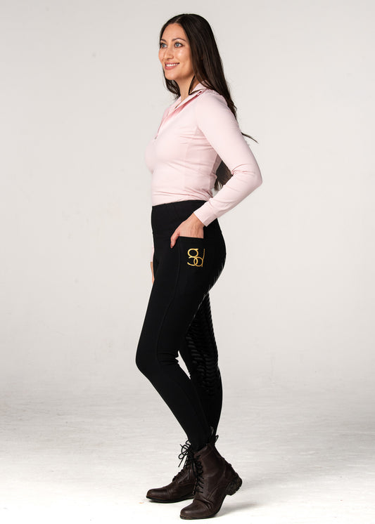 golden dapples pro grip riding leggings in black with gold logo and golden dapples pink sun shirt