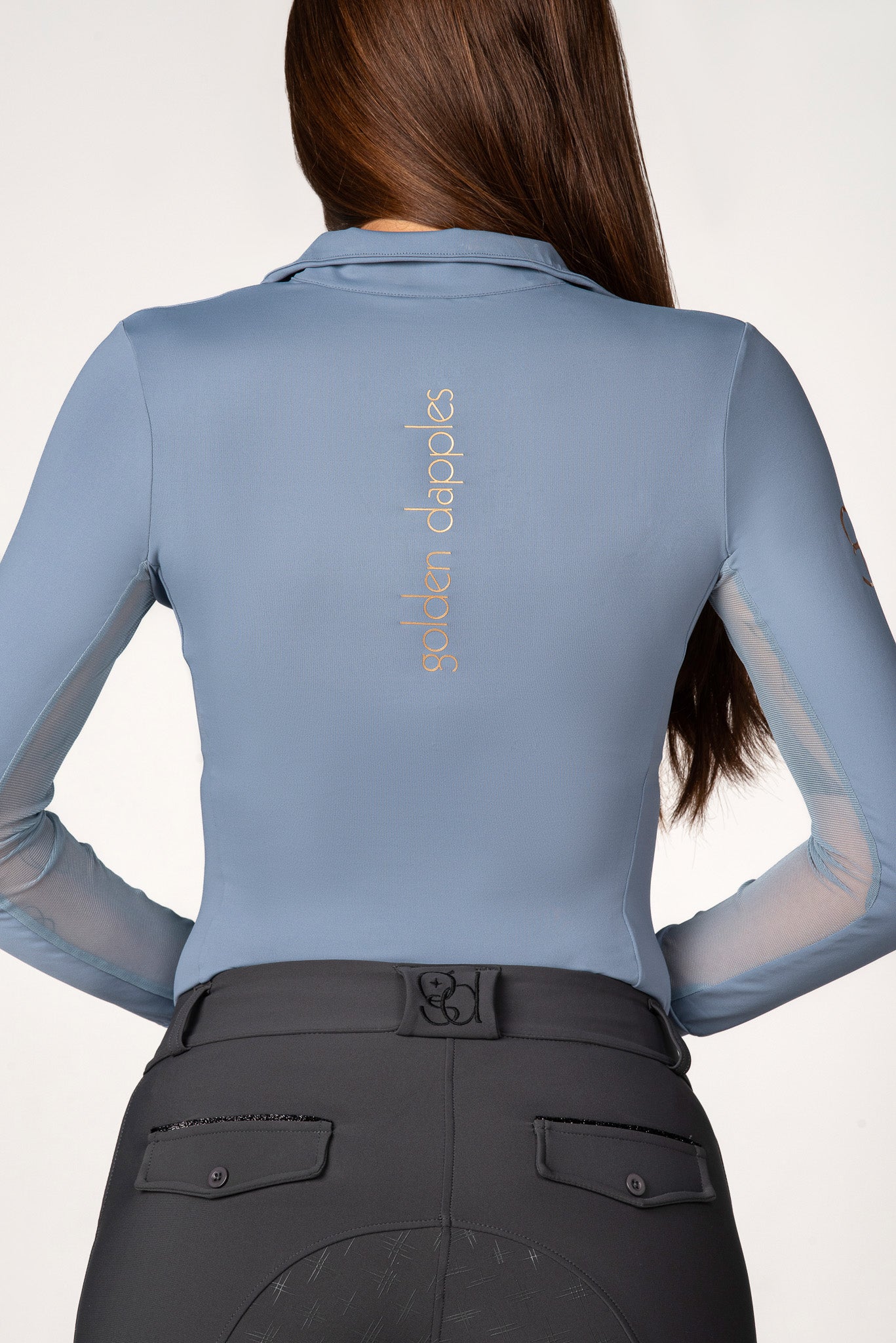 golden dapples blue sun shirt with grey pro breeches