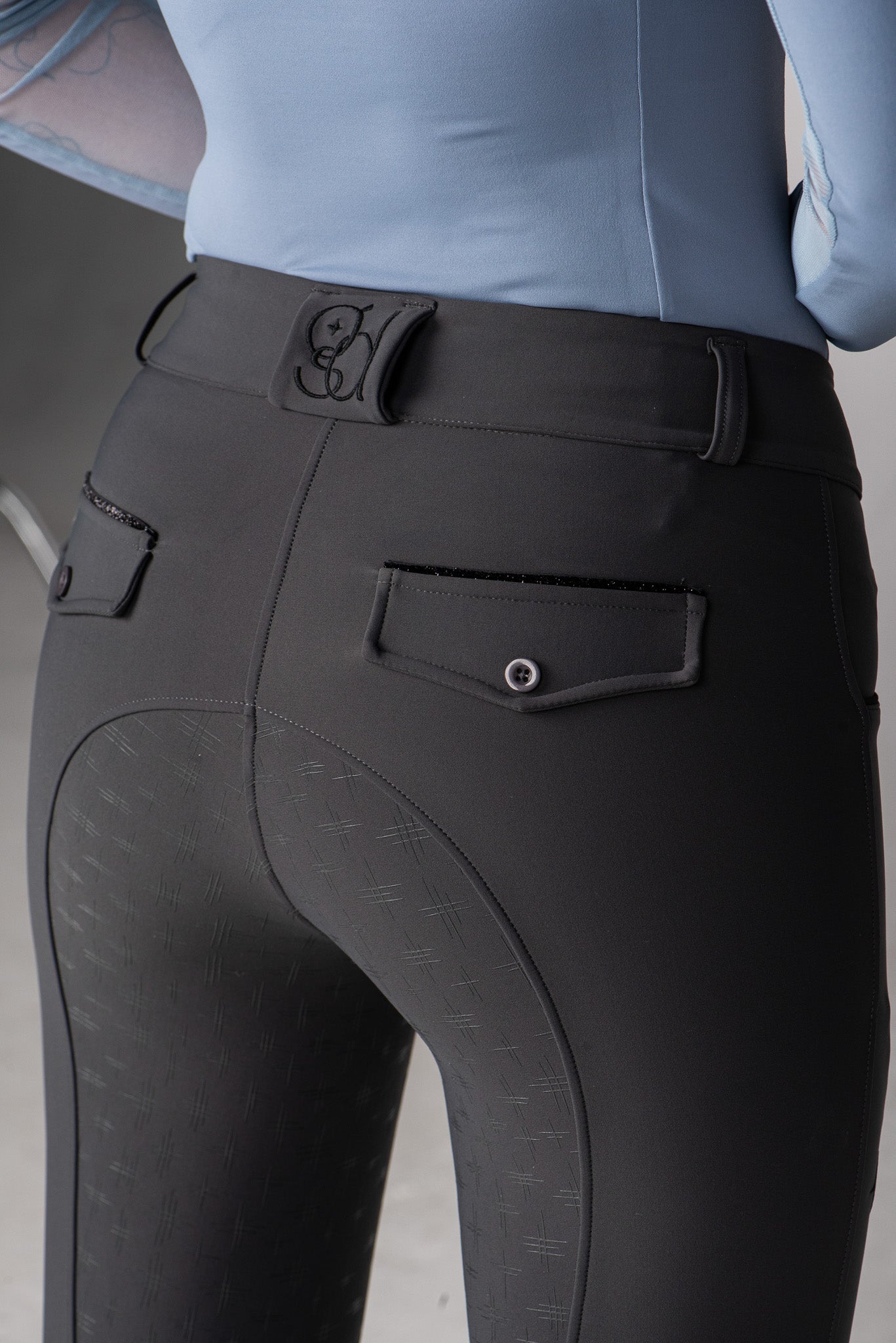 grey pro breeches golden dapples back and sparkly pockets