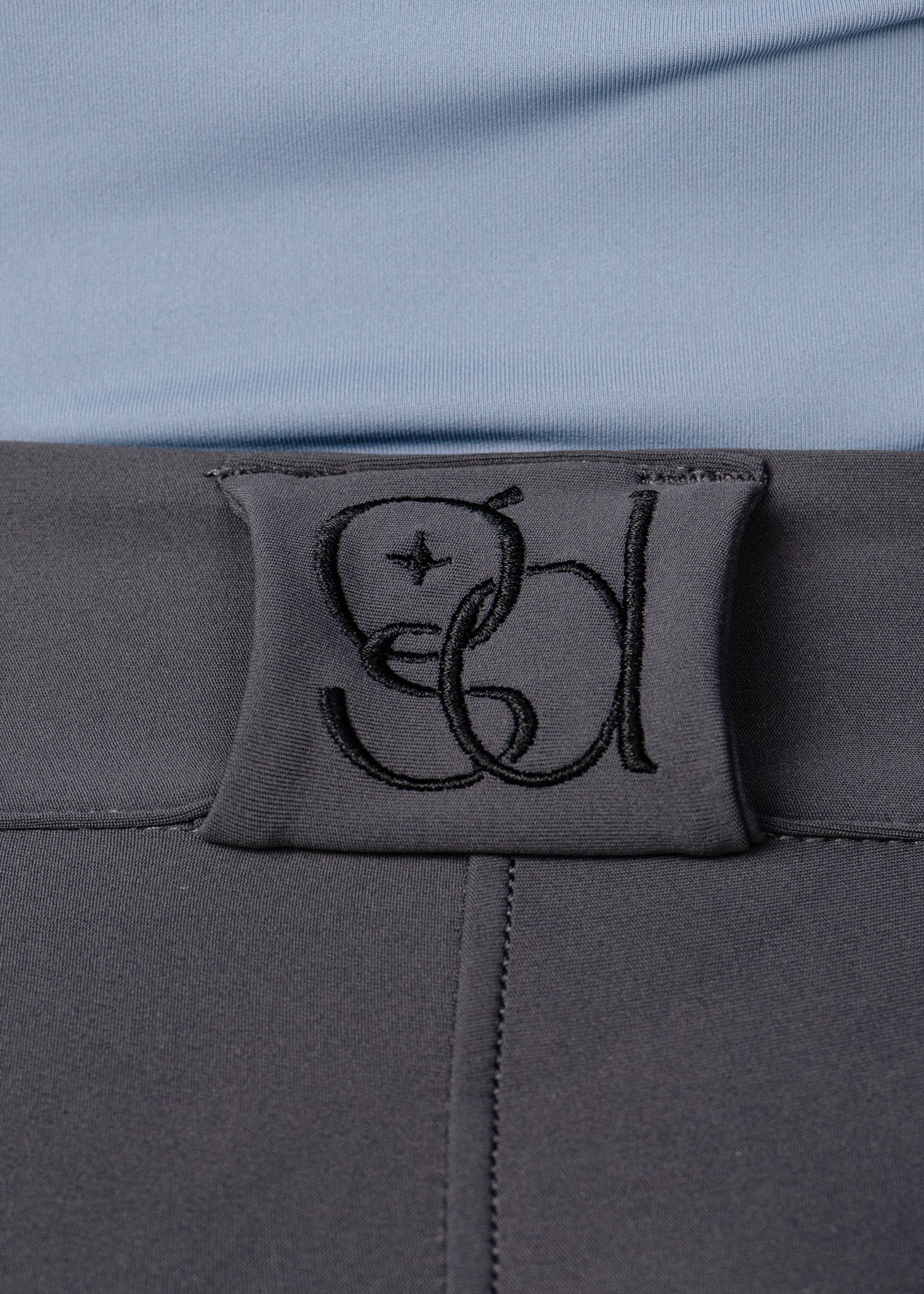 grey pro breeches with black logo on back