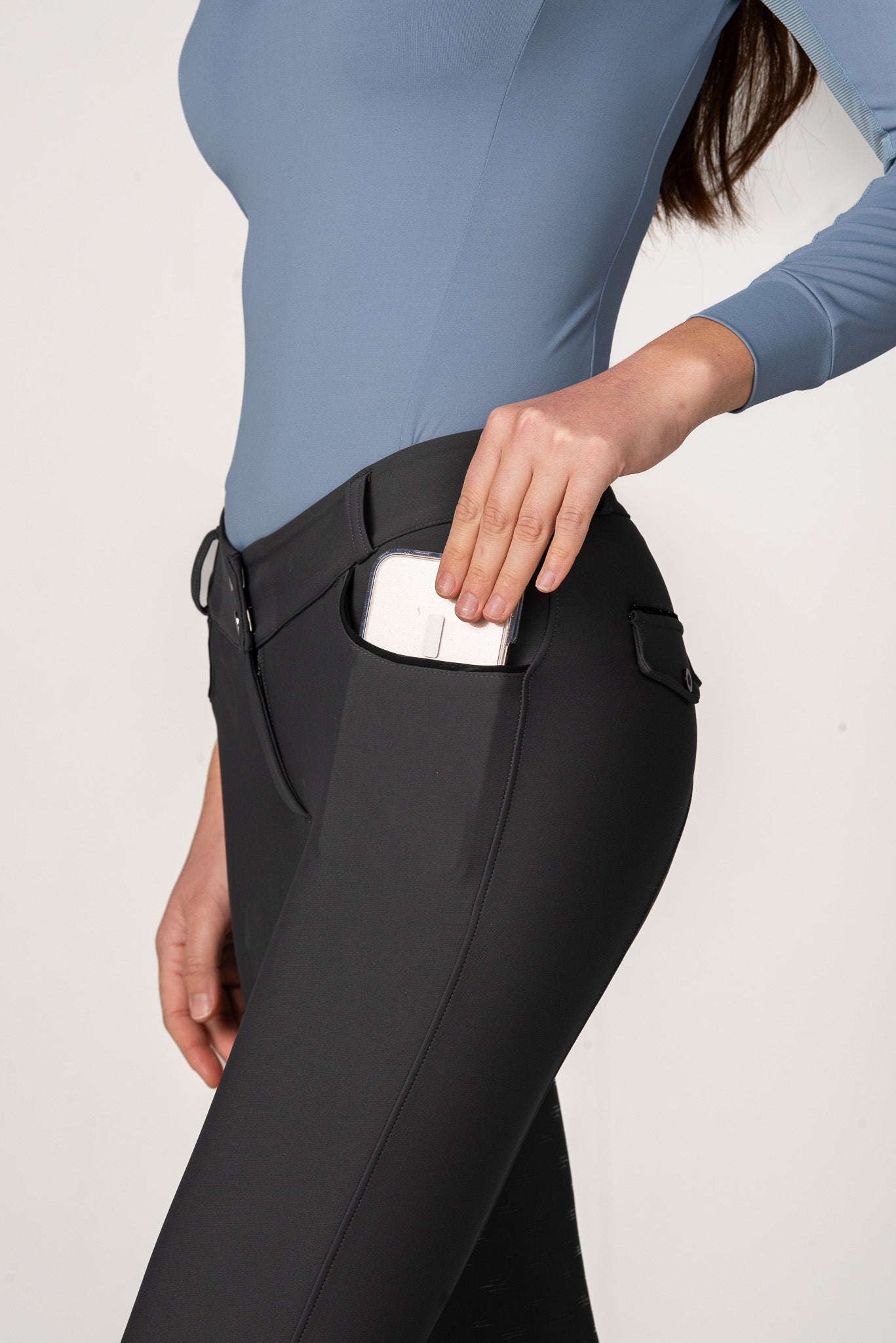 grey pro breeches with deep phone pocket